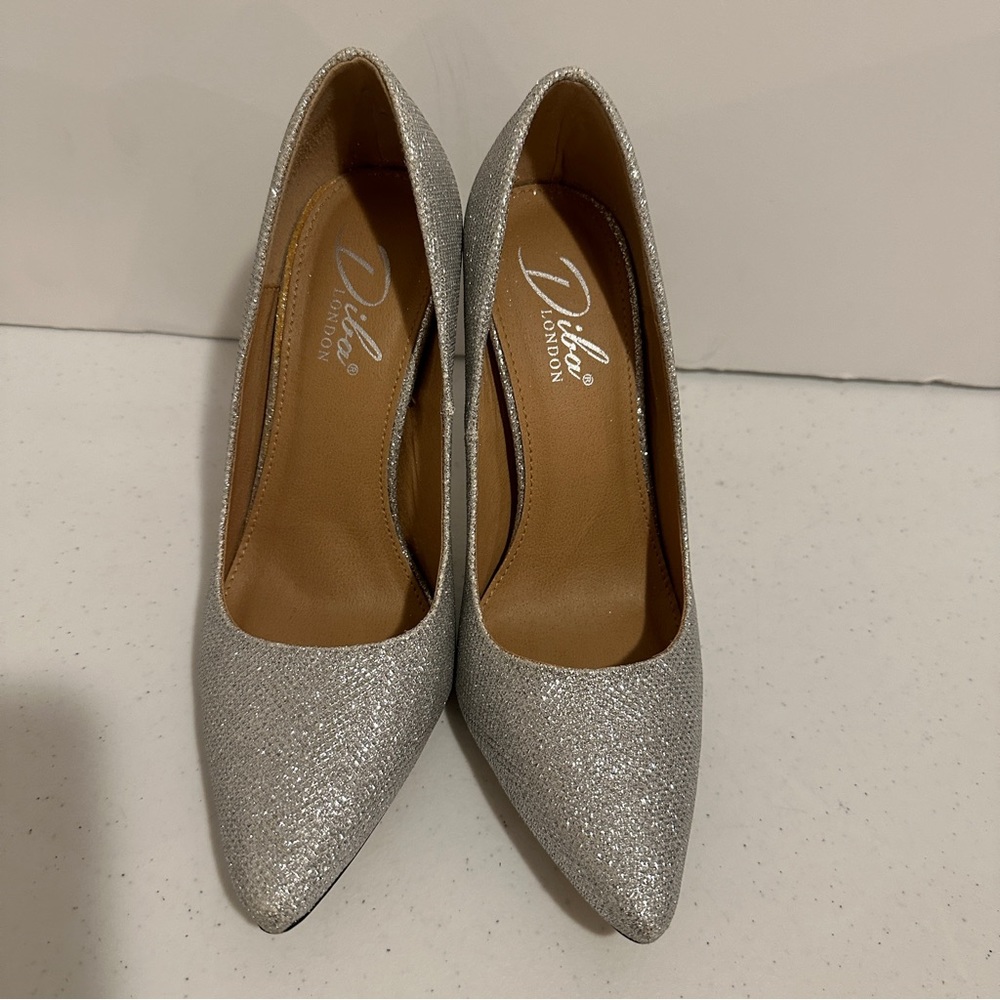 Diba London Womens Silver Glitter Sparkle High Heel Prom Shoes  Stilettos Sz 7.5